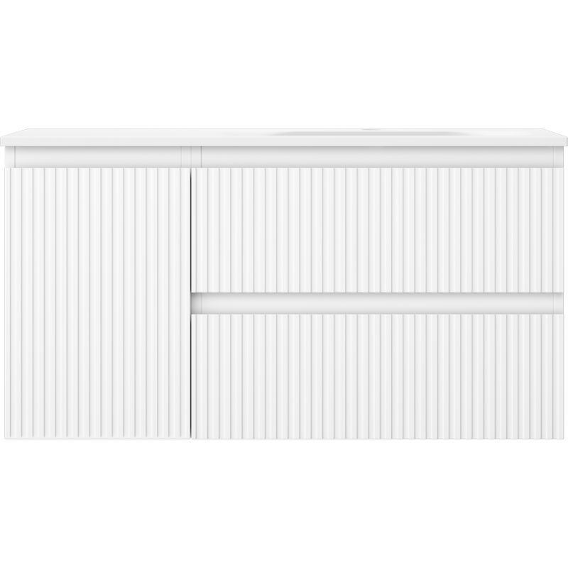 Mexen Rivel Badezimmerschrank 90 cm mit Waschbecken Vela rechts, 2S, 1D, gerillt, weiß matt - 91A23-09047-3-BBFFF01-W23P01