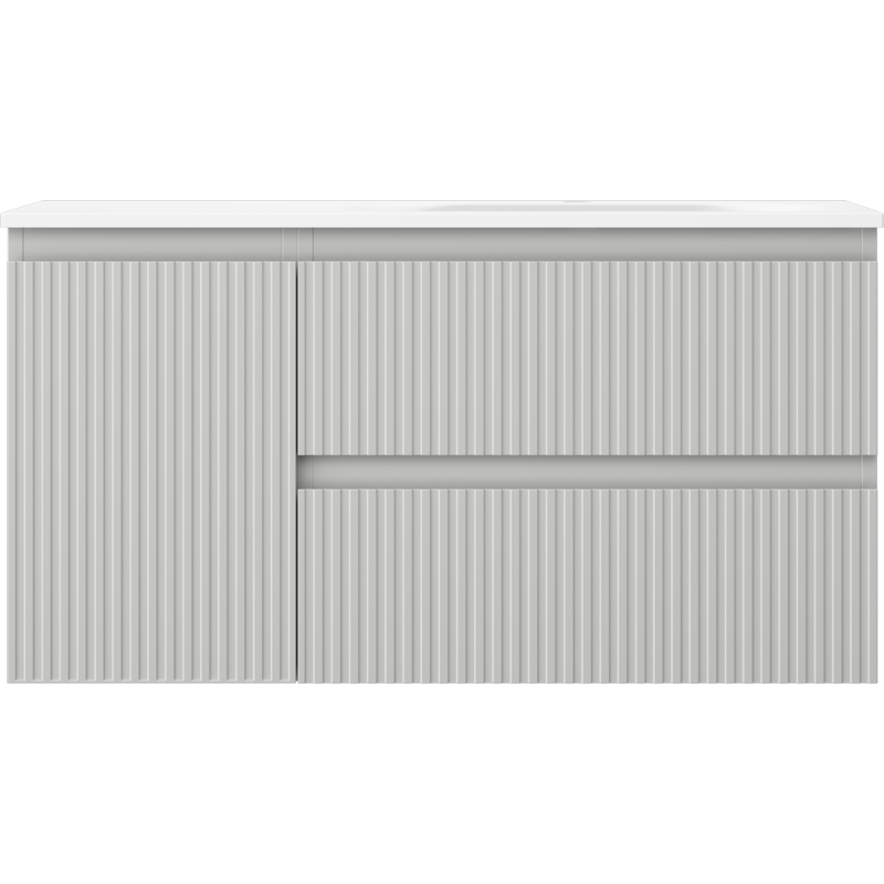 Mexen Rivel Badezimmerschrank 90 cm mit Waschbecken Vela rechts, 2S, 1D, gerillt, grau matt/weiß matt
