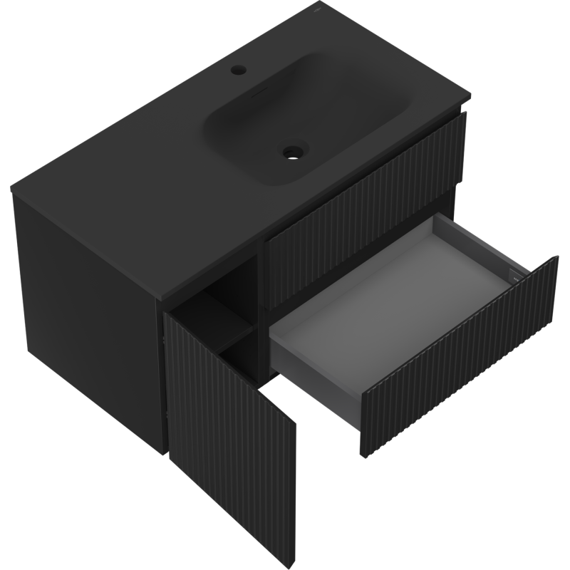 Mexen Rivel Badezimmerschrank 90 cm mit Waschbecken Vela rechts, 2S, 1D, gerillt, schwarz matt - 91A23-09047-3-BBFFF71-W23P71