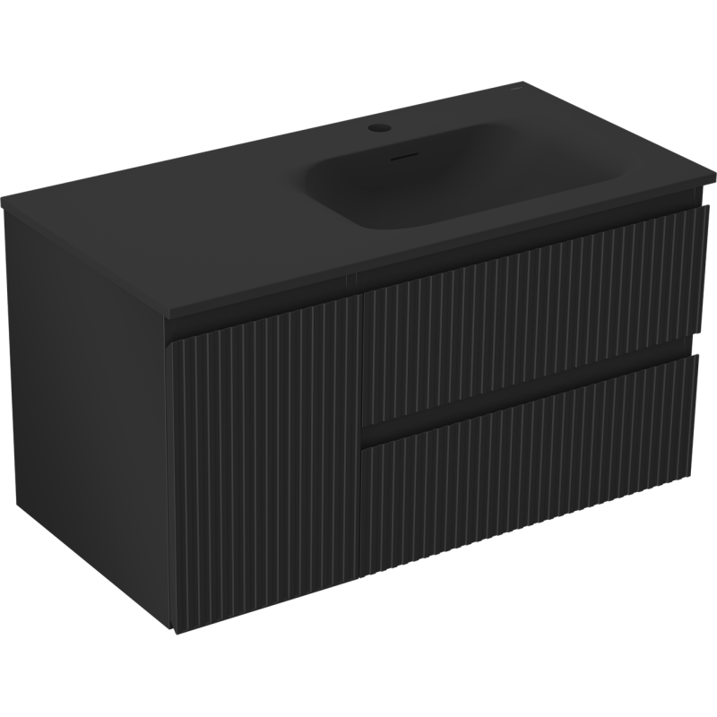 Mexen Rivel Badezimmerschrank 90 cm mit Waschbecken Vela rechts, 2S, 1D, gerillt, schwarz matt - 91A23-09047-3-BBFFF71-W23P71