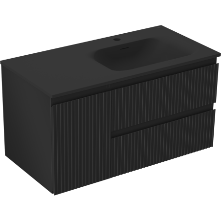 Mexen Rivel Badezimmerschrank 90 cm mit Waschbecken Vela rechts, 2S, 1D, gerillt, schwarz matt - 91A23-09047-3-BBFFF71-W23P71