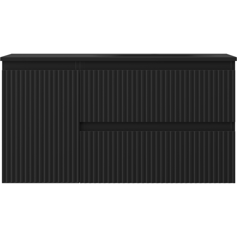 Mexen Rivel Badezimmerschrank 90 cm mit Waschbecken Vela rechts, 2S, 1D, gerillt, schwarz matt - 91A23-09047-3-BBFFF71-W23P71