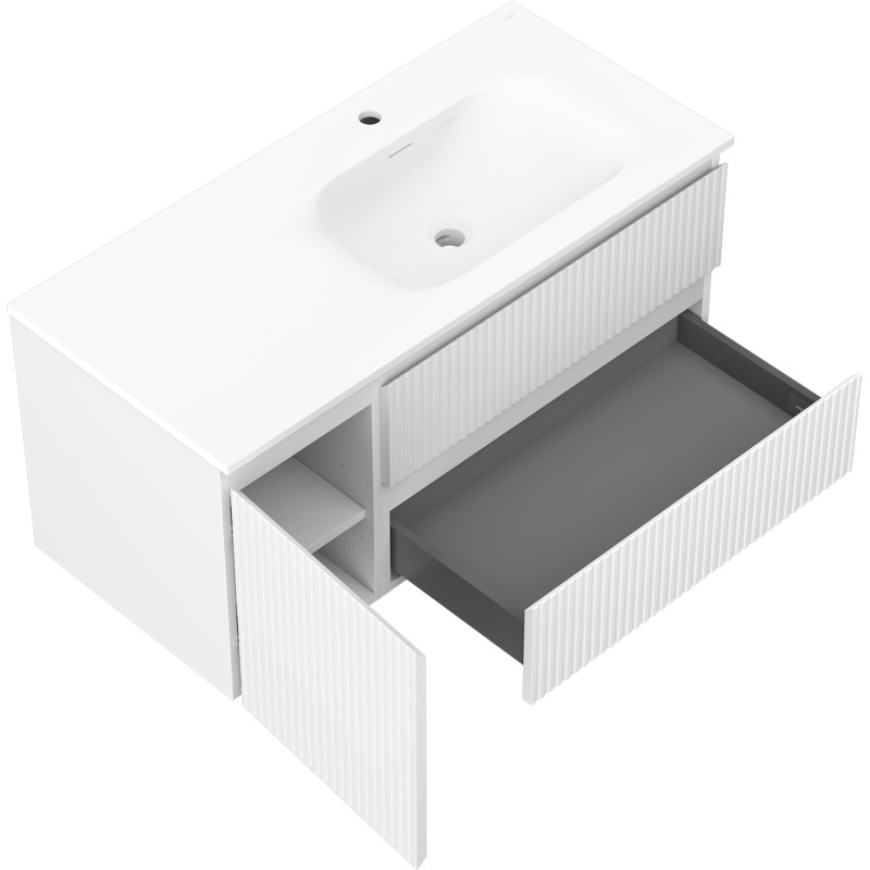 Mexen Rivel Badezimmerschrank 100 cm mit Waschbecken Vela rechts, 2S, 1T, gerillt, weiß matt - 91A23-10047-3-BBFFF01-W23P01