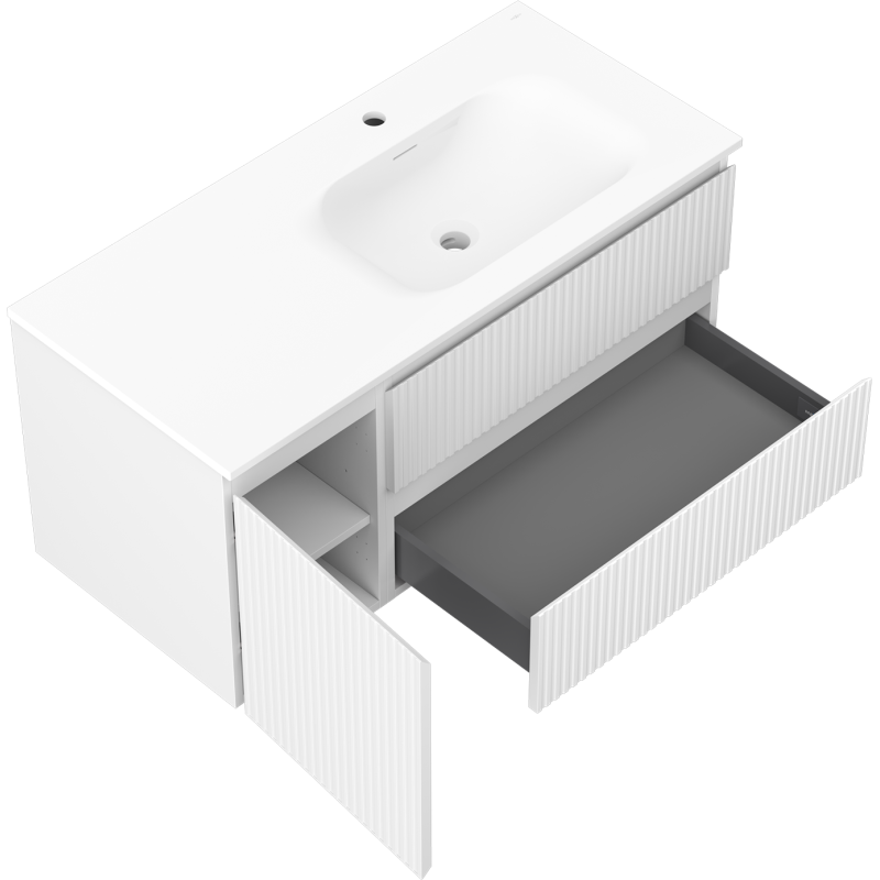Mexen Rivel Badezimmerschrank 100 cm mit Waschtisch Vela rechts, 2S, 1D, geriffelt, weiß matt - 91A23-10047-3-BBFFF01-W23P01