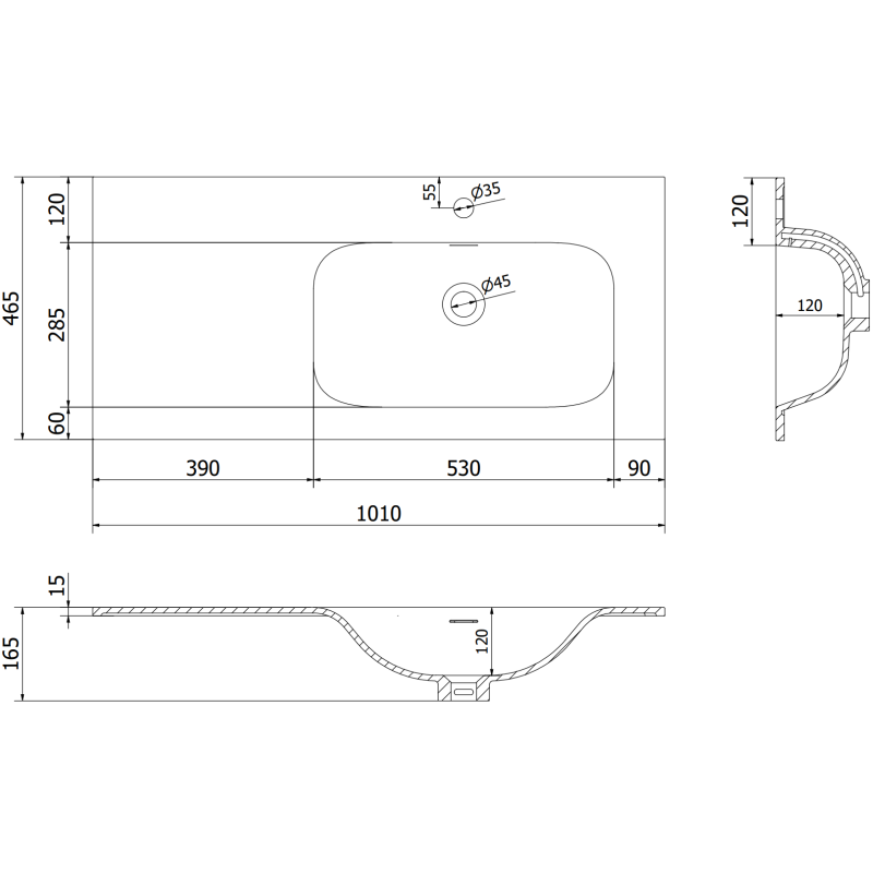 Mexen Rivel Badezimmerschrank 100 cm mit Waschtisch Vela rechts, 2S, 1D, geriffelt, weiß matt - 91A23-10047-3-BBFFF01-W23P01
