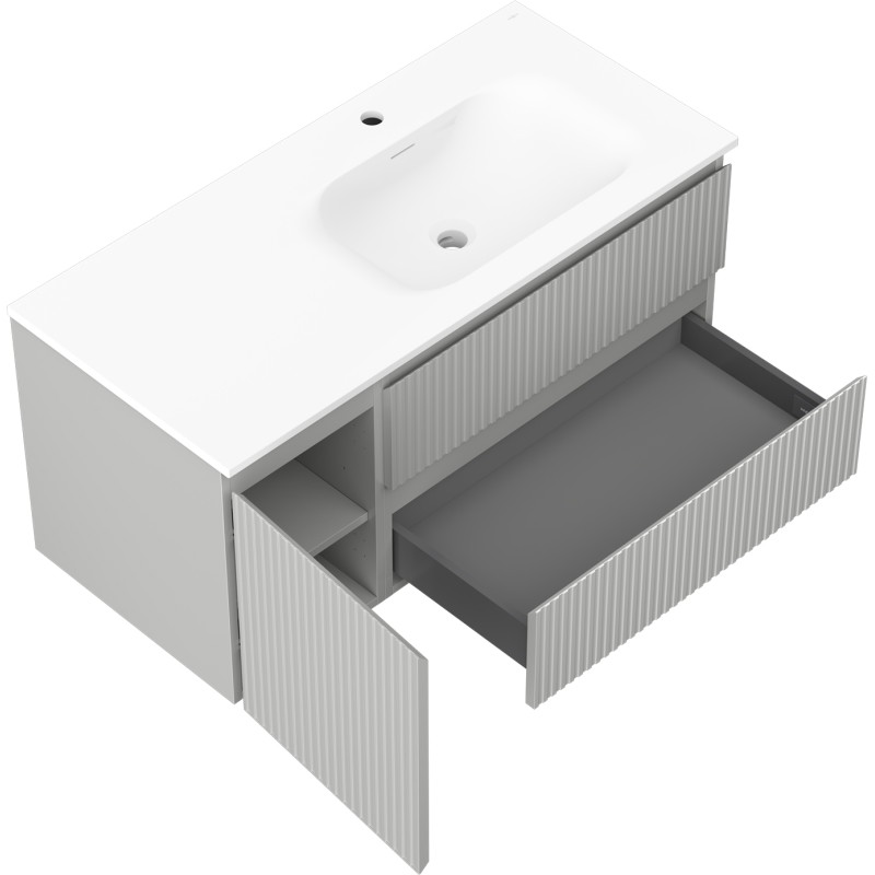 Mexen Rivel Badezimmerschrank 100 cm mit Waschbecken Vela rechts, 2S, 1T, gerillt, grau/weiß matt