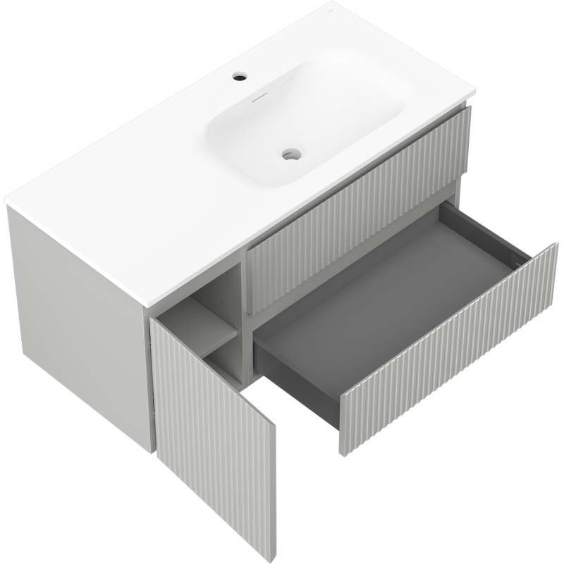 Mexen Rivel Badschrank 100 cm mit Waschbecken Vela rechts, 2S, 1D, geriffelt, grau/weiß matt - 91A23-10047-3-BBFFF62-W23P01