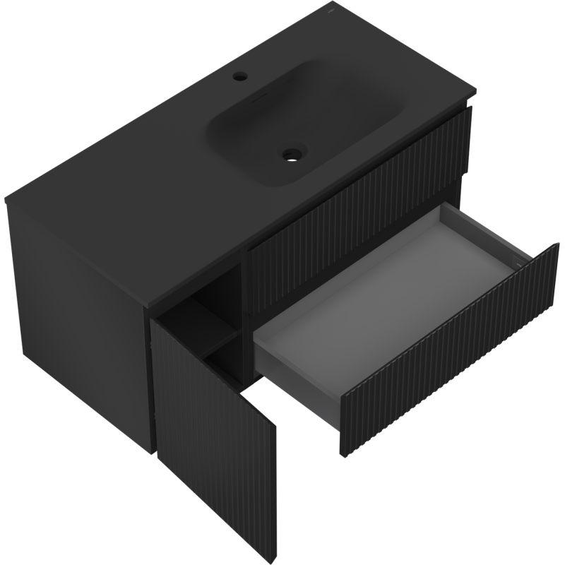 Mexen Rivel Badezimmerschrank 120 cm mit Waschbecken Vela rechts, 2S, 1D, gerillt, Schwarz matt - 91A23-10047-3-BBFFF71-W23P71