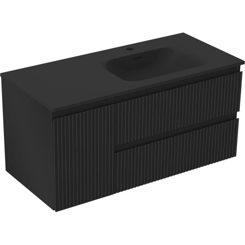 Mexen Rivel Badezimmerschrank 120 cm mit Waschbecken Vela rechts, 2S, 1D, gerillt, Schwarz matt - 91A23-10047-3-BBFFF71-W23P71
