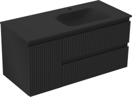 Mexen Rivel Badezimmerschrank 120 cm mit Waschbecken Vela rechts, 2S, 1D, gerillt, Schwarz matt - 91A23-10047-3-BBFFF71-W23P71