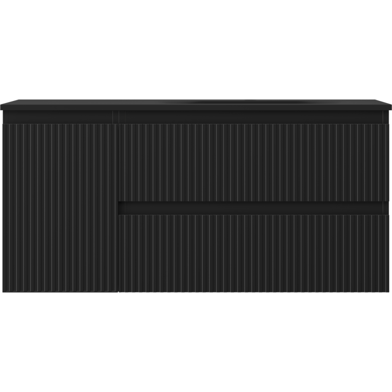 Mexen Rivel Badezimmerschrank 120 cm mit Waschbecken Vela rechts, 2S, 1D, gerillt, Schwarz matt - 91A23-10047-3-BBFFF71-W23P71