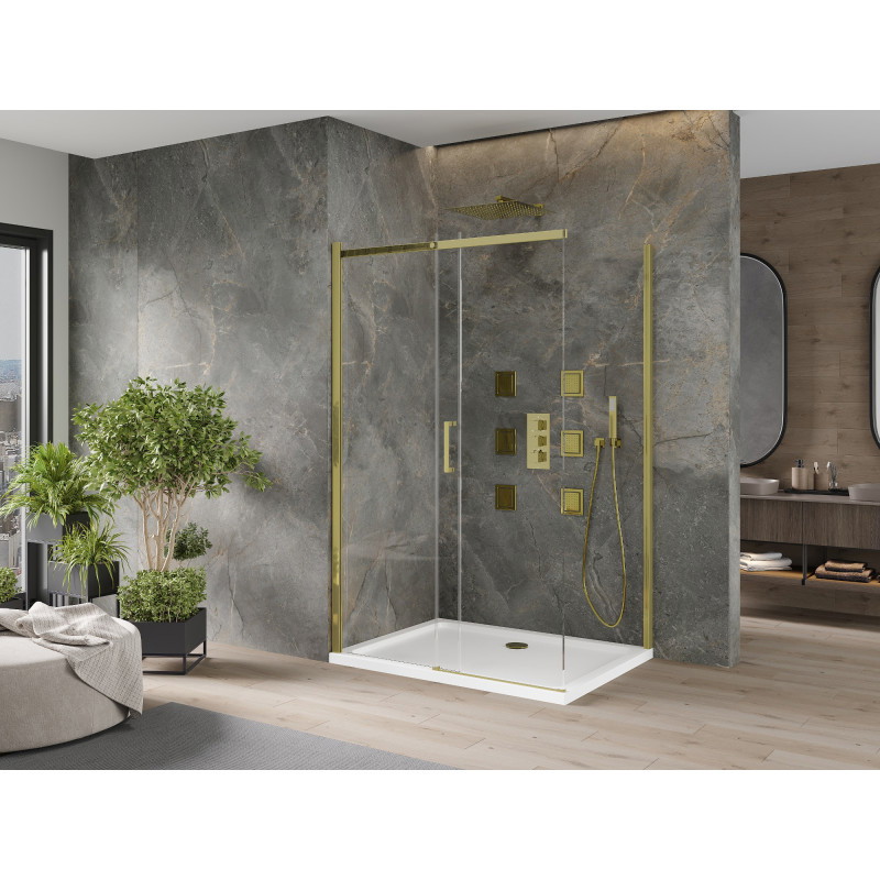 Mexen Omega Schiebetür-Duschkabine 130 x 80 cm, transparent, gold + Flat-Duschwanne - 825-130-080-50-00-4010