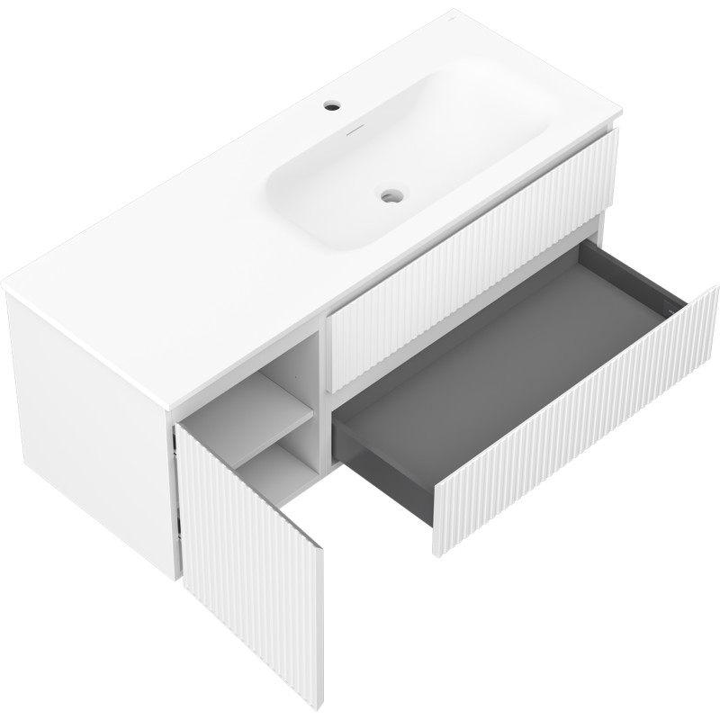Mexen Rivel Badezimmerschrank 120 cm mit Waschbecken Vela rechts, 2S, 1D, geriffelt, weiß matt - 91A23-12047-3-BBFFF01-W23P01
