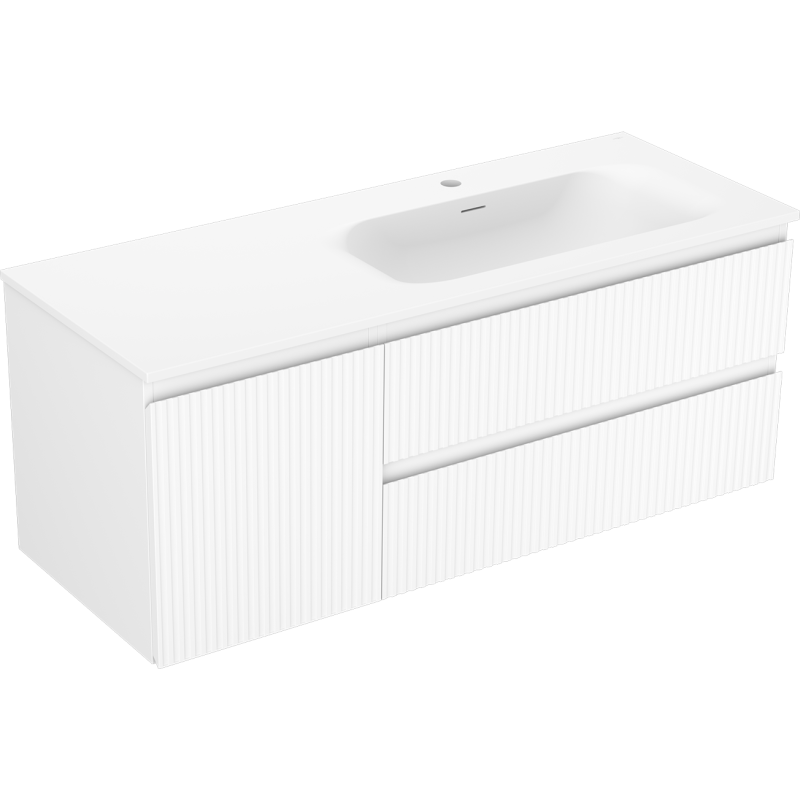 Mexen Rivel Badezimmerschrank 120 cm mit Waschbecken Vela rechts, 2S, 1D, gerillt, weiß matt - 91A23-12047-3-BBFFF01-W23P01