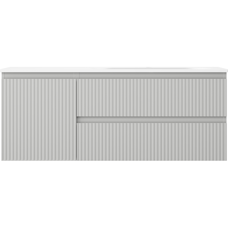 Mexen Rivel 120 cm Badezimmermöbel mit Waschbecken Vela rechts, 2S, 1D, gerillt, grau/weiß matt - 91A23-12047-3-BBFFF62-W23P01