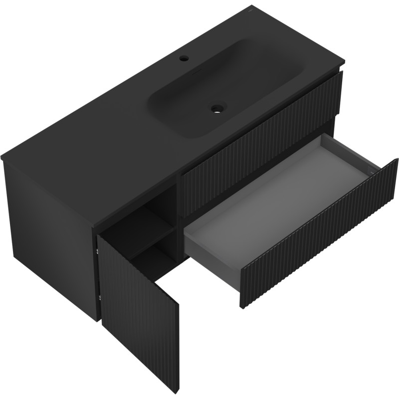 Mexen Rivel Badezimmerschrank 120 cm mit Waschbecken Vela rechts, 2S, 1T, gerillt, schwarz matt - 91A23-12047-3-BBFFF71-W23P71