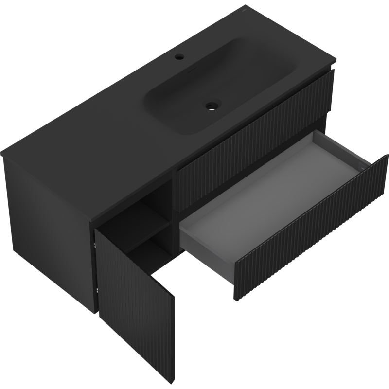 Mexen Rivel Badezimmerschrank 120 cm mit Waschtisch Vela rechts, 2S, 1D, gerillt, schwarz matt - 91A23-12047-3-BBFFF71-W23P71
