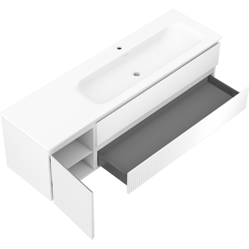 Mexen Rivel Badezimmerschrank 160 cm mit Waschbecken Vela rechts, 2S, 1D, geriffelt, weiß matt - 91A23-16047-3-BBFFF01-W23P01