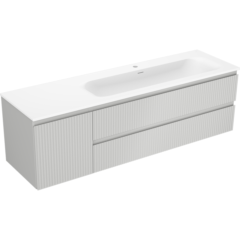 Mexen Rivel Badezimmerschrank 160 cm mit rechtem Waschbecken Vela, 2S, 1T, geriffelt, grau/weiß matt