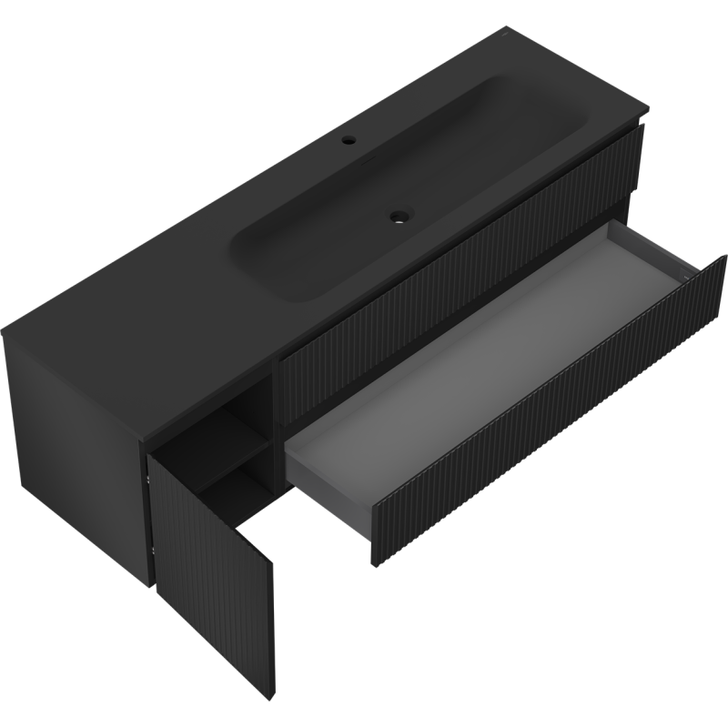 Mexen Rivel Badezimmerschrank 160 cm mit Waschbecken Vela rechts, 2S, 1D, gefräst, schwarz matt - 91A23-16047-3-BBFFF71-W23P71