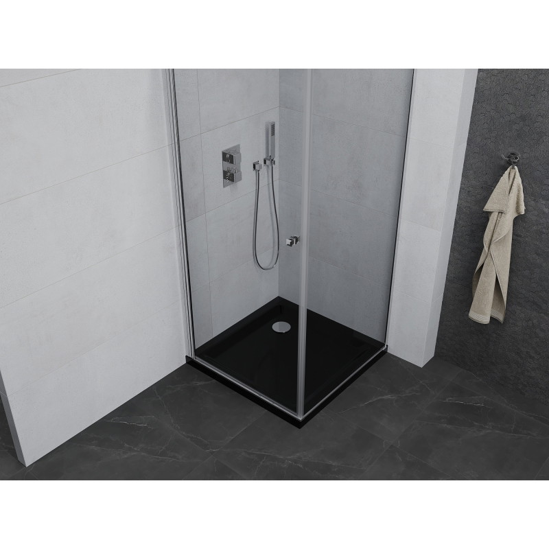 Mexen Pretoria Duschkabine klappbar 70 x 70 cm, transparent, Chrom + Duschwanne Flat, schwarz - 852-070-070-01-00-4070