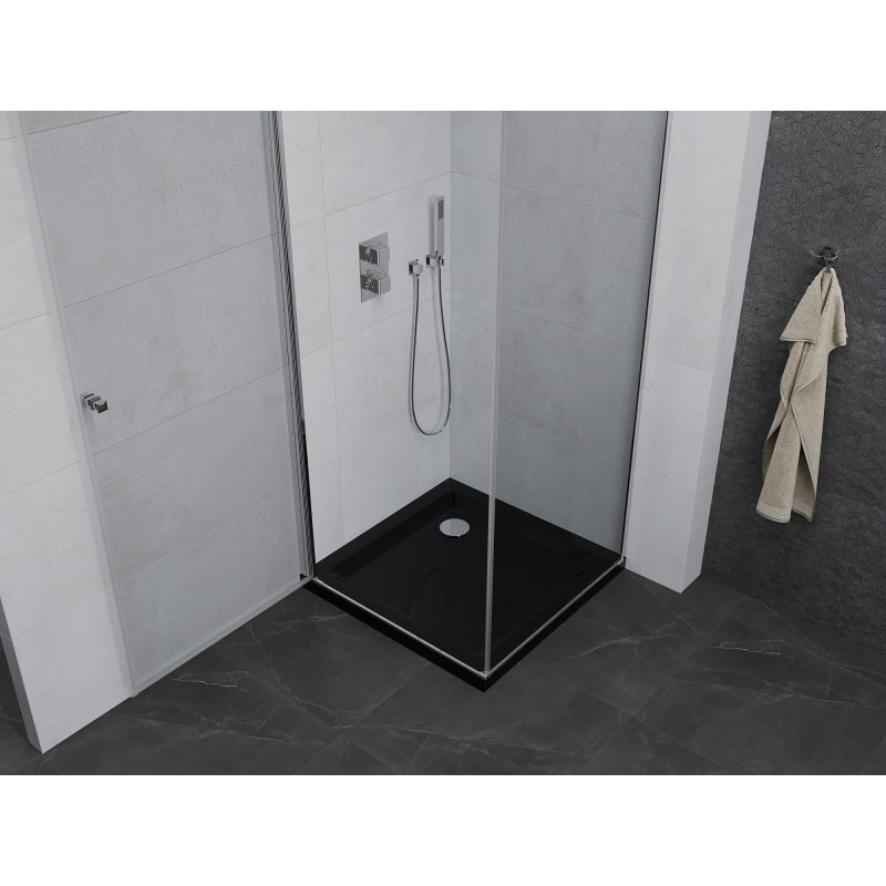Mexen Pretoria Duschkabine klappbar 70 x 70 cm, transparent, Chrom + Duschwanne Flat, schwarz - 852-070-070-01-00-4070