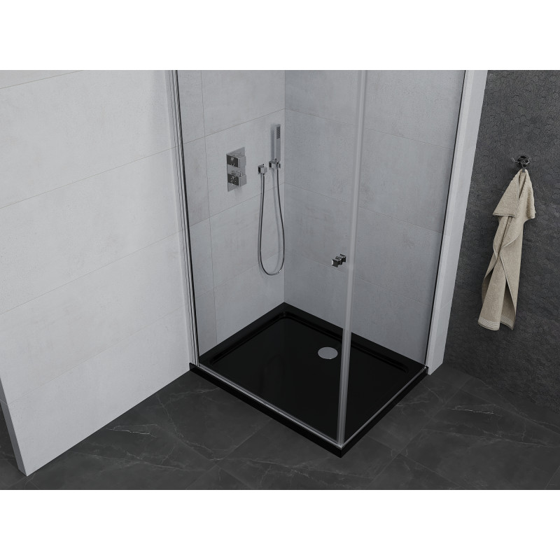 Mexen Pretoria Pivot-Duschkabine 70 x 80 cm, transparent, Chrom + Duschwanne Flat, schwarz - 852-070-080-01-00-4070