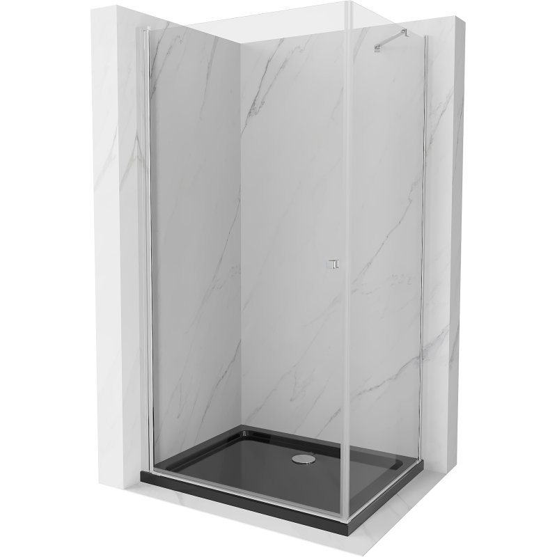 Mexen Pretoria schwenkbare Duschkabine 70 x 90 cm, transparent, Chrom + Duschwanne Flat, schwarz - 852-070-090-01-00-4070