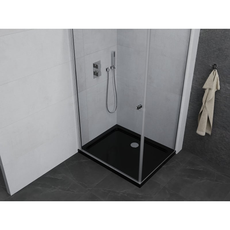 Mexen Pretoria Duschkabine, schwenkbar 80 x 70 cm, transparent, Chrom + Dusche Flat, Schwarz - 852-080-070-01-00-4070