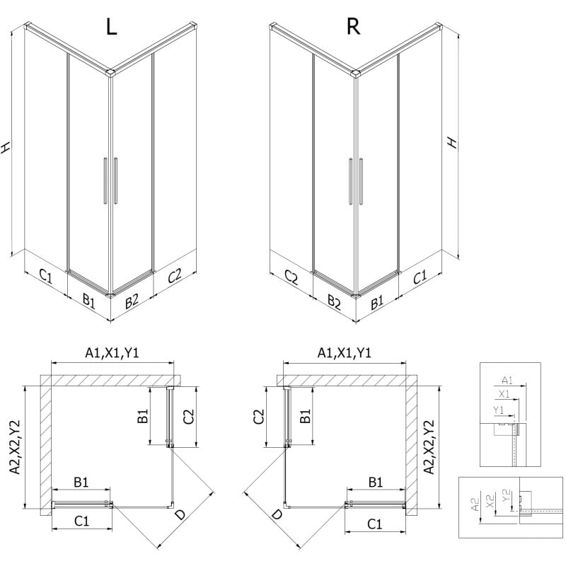 Mexen Rox Duo Duschkabine schiebbar 85 x 85 cm, transparent, gebürsteter Nickel - 8C2D-085-085-97-00