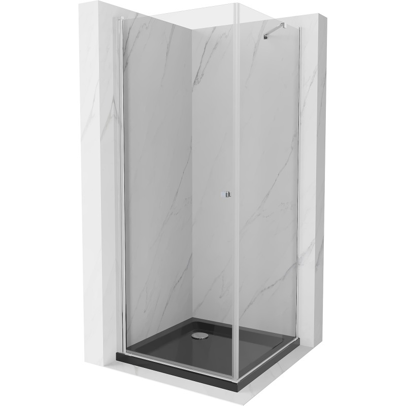 Mexen Pretoria Duschkabine Schwenkbar 90 x 90 cm, transparent, Chrom + Duschwanne Flat, schwarz - 852-090-090-01-00-4070