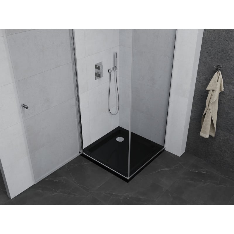 Mexen Pretoria Duschkabine, schwenkbar, 100 x 100 cm, transparent, Chrom + Duschwanne Flat, schwarz - 852-100-100-01-00-4070