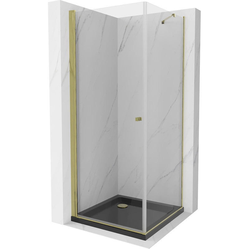 Mexen Pretoria duschkabine zum Öffnen 70 x 70 cm, transparent, golden + Duschwanne Flat, schwarz - 852-070-070-50-00-4070G