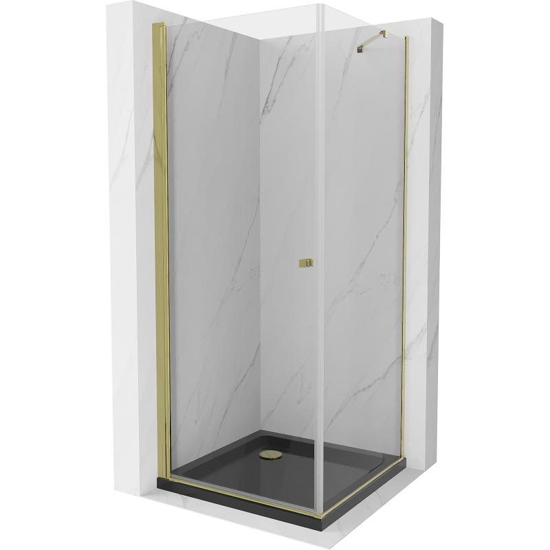 Mexen Pretoria Schwingtür-Duschkabine 70 x 70 cm, Transparent, Gold + Flat Duschwanne, Schwarz - 852-070-070-50-00-4070G