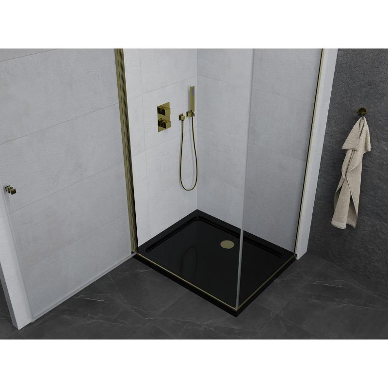 Mexen Pretoria Duschkabine, schwenkbar, 70 x 80 cm, transparent, gold + Duschwanne Flat, schwarz - 852-070-080-50-00-4070G