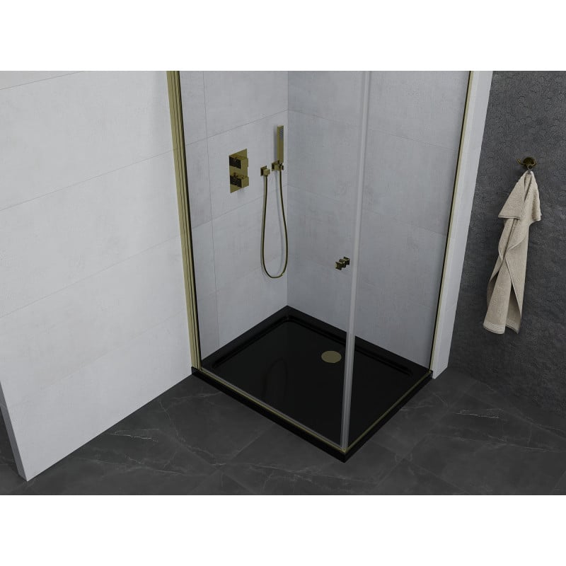 Mexen Pretoria Duschkabine schwenkbar 70 x 90 cm, transparent, gold + Duschwanne Flat, schwarz - 852-070-090-50-00-4070G