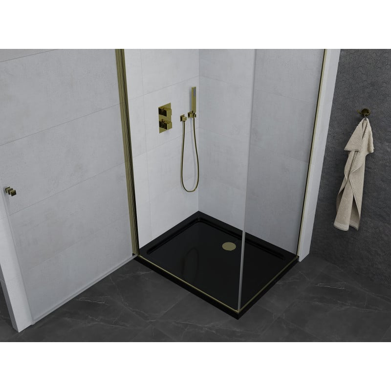 Mexen Pretoria Pendeltür-Duschkabine 80 x 70 cm, transparent, Gold + Flat Duschwanne, schwarz - 852-080-070-50-00-4070G