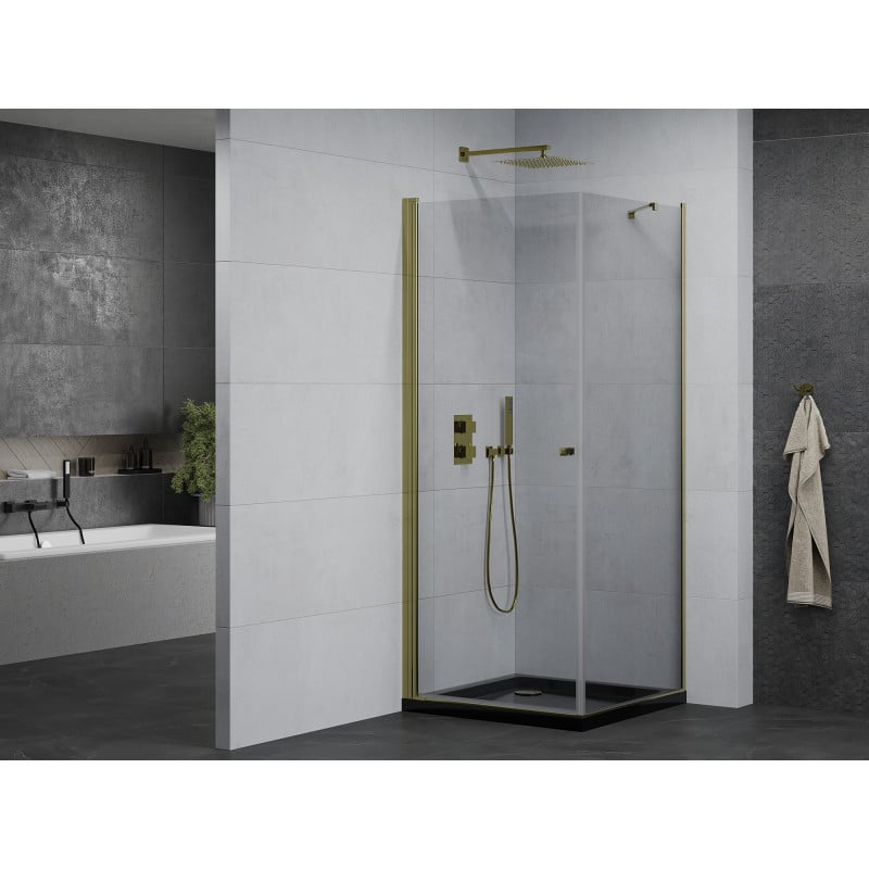 Mexen Pretoria Duschkabine Schwenktür 80 x 80 cm, transparent, gold + Duschtasse Flat, schwarz - 852-080-080-50-00-4070G