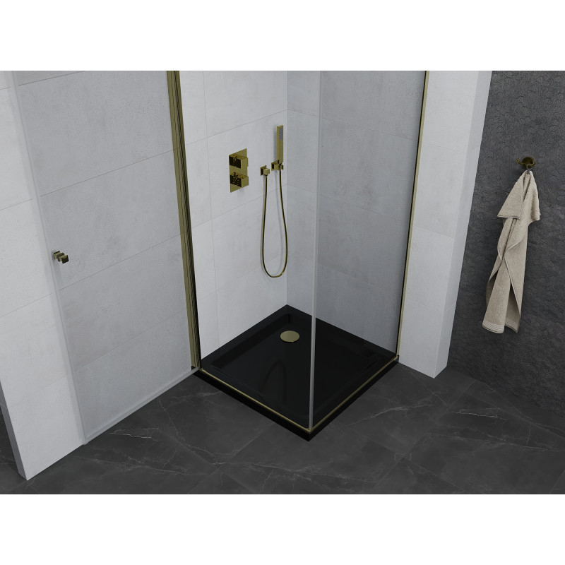 Mexen Pretoria Schwenkbare Duschkabine 80 x 80 cm, transparent, gold + Flat Duschwanne, schwarz - 852-080-080-50-00-4070G