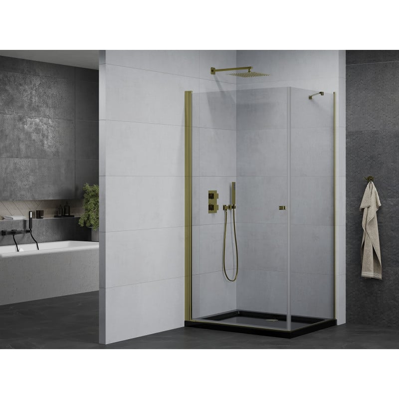 Mexen Pretoria Duschkabine schwenkbar 90 x 70 cm, transparent, gold + Duschwanne Flat, schwarz - 852-090-070-50-00-4070G
