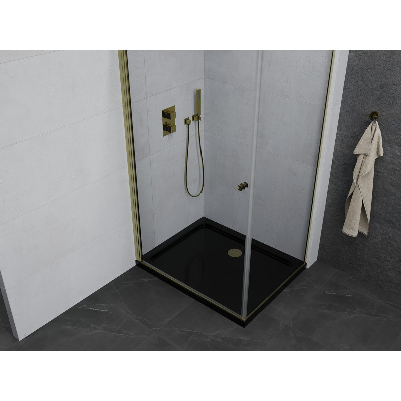 Mexen Pretoria Duschkabine mit Schwingtür 90 x 80 cm, transparent, gold + Duschwanne Flat, schwarz - 852-090-080-50-00-4070G