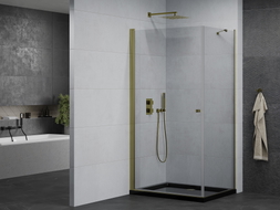 Mexen Pretoria Duschkabine, schwenkbar, 90 x 80 cm, transparent, gold + Flat Duschwanne, schwarz - 852-090-080-50-00-4070G