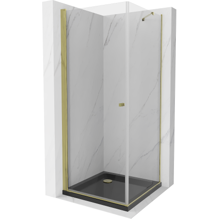 Mexen Pretoria Duschkabine mit Schwenktür 90 x 90 cm, transparent, gold + Flat Duschwanne, schwarz - 852-090-090-50-00-4070G
