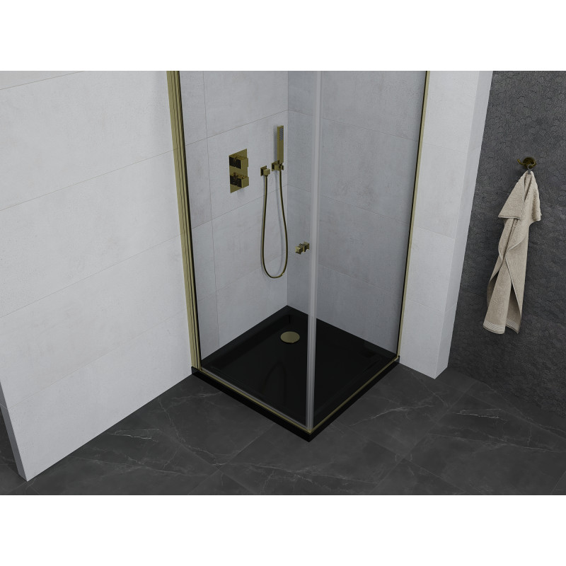 Mexen Pretoria Duschkabine mit Schwenktür 90 x 90 cm, transparent, gold + Flat Duschwanne, schwarz - 852-090-090-50-00-4070G