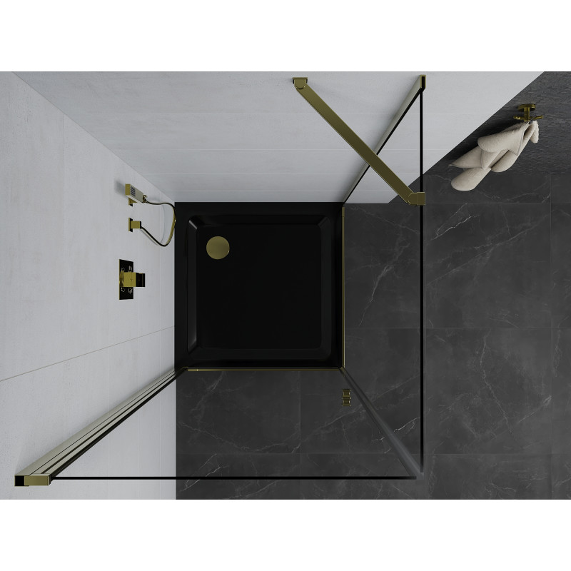 Mexen Pretoria Duschkabine, schwenkbar 90 x 90 cm, transparent, gold + Flat Duschwanne, schwarz - 852-090-090-50-00-4070G