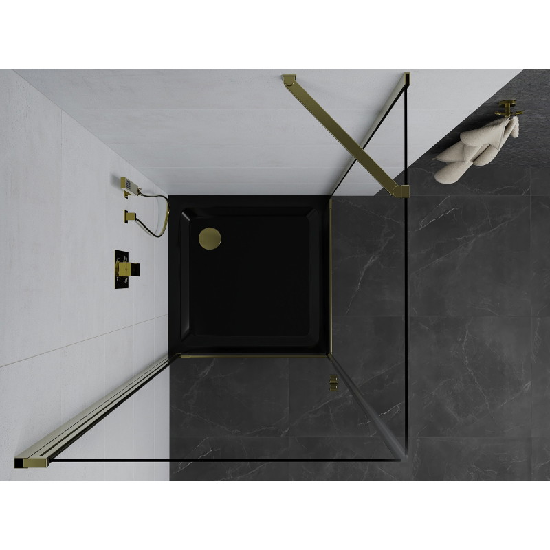 Mexen Pretoria Schiebetür-Duschkabine 90 x 90 cm, transparent, golden + Flat-Duschwanne, schwarz - 852-090-090-50-00-4070G
