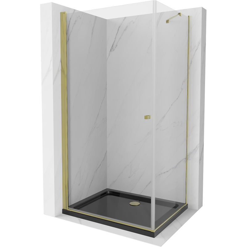 Mexen Pretoria Duschkabine, schwenkbar 100 x 80 cm, transparent, Gold + Duschwanne Flat, schwarz - 852-100-080-50-00-4070G