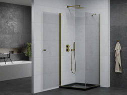 Mexen Pretoria Duschecke schwenkbar 100 x 100 cm, transparent, golden + Flat Duschwanne, schwarz - 852-100-100-50-00-4070G