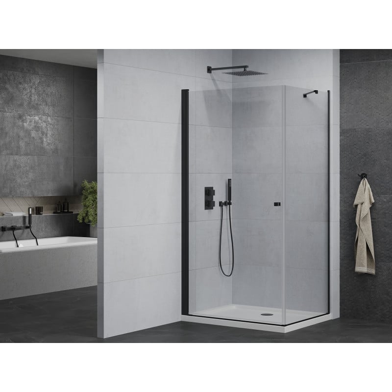 Mexen Pretoria Duschkabine, schwenkbar, 70 x 110 cm, transparent, schwarz + Duschwanne Flat - 852-070-110-70-00-4010B