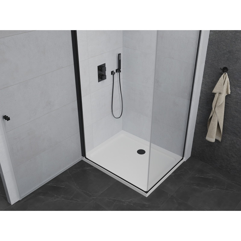 Mexen Pretoria schwenkbare Duschkabine 90 x 100 cm, transparent, schwarz + Duschwanne Flat - 852-090-100-70-00-4010B
